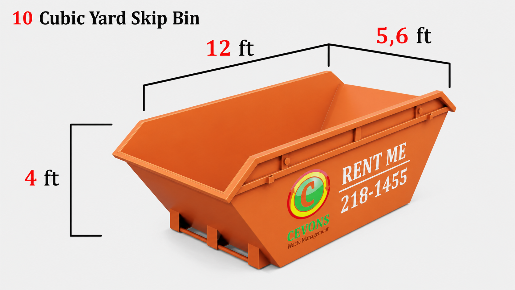 CEVONS 10 cubic yard orange skip bin, front three-quarter view