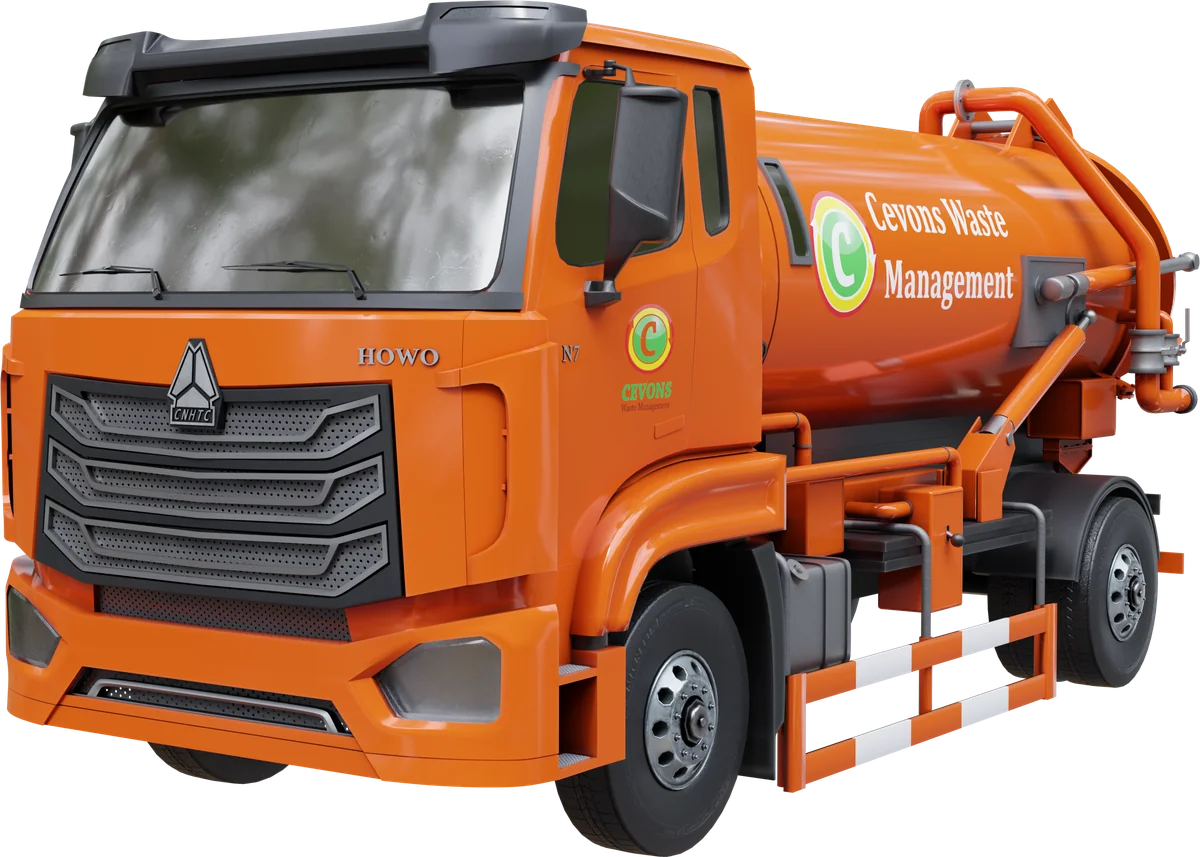 CEVONS vacuum tanker truck used for septic tank emptying, front three-quarter view