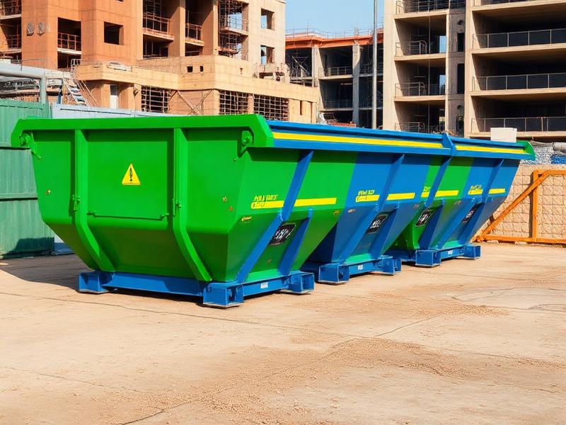 Construction site with skip bins and portable sanitation