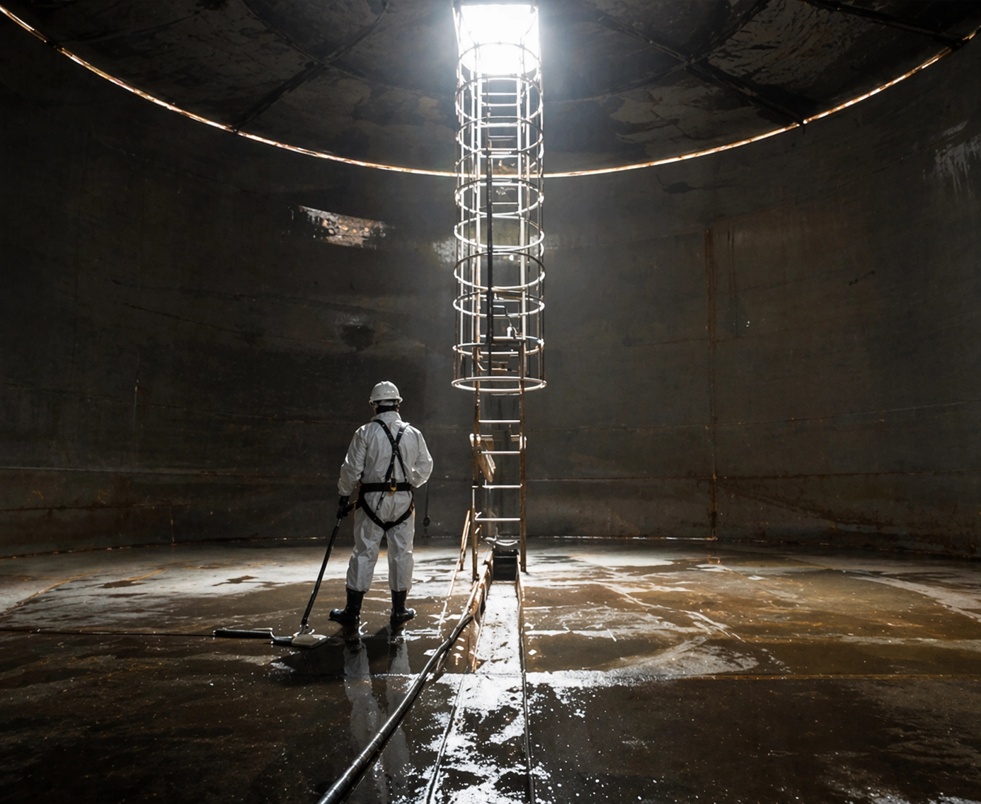 Final rinse and inspection of an industrial tank