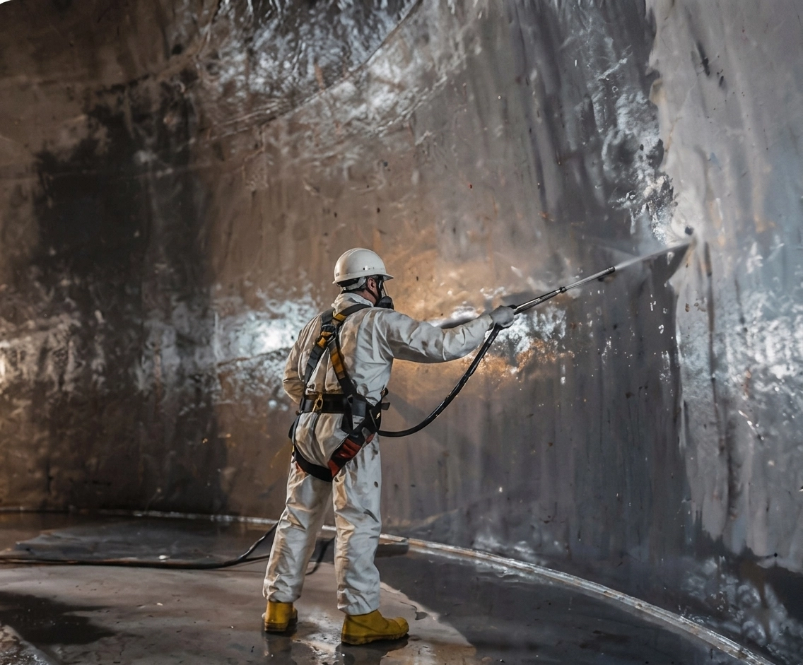 High-pressure washing of an industrial tank interior
